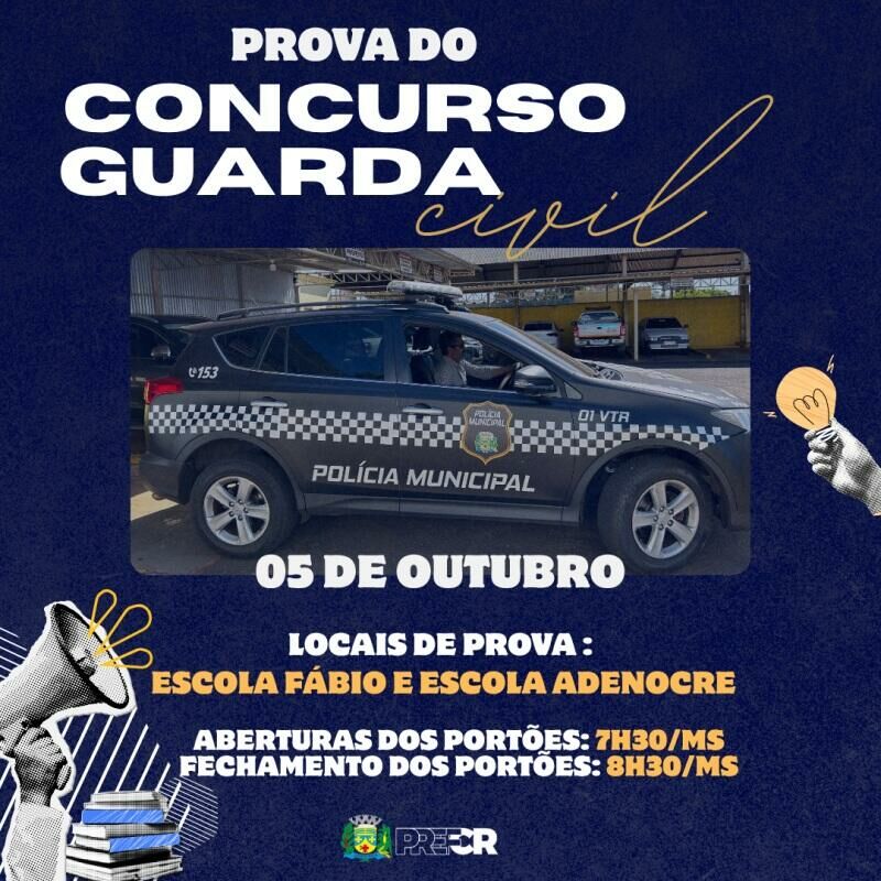 Imagem de compartilhamento para o artigo Provas do concurso da Guarda Civil Municipal de Costa Rica acontecem no domingo (5) da MS Todo dia
